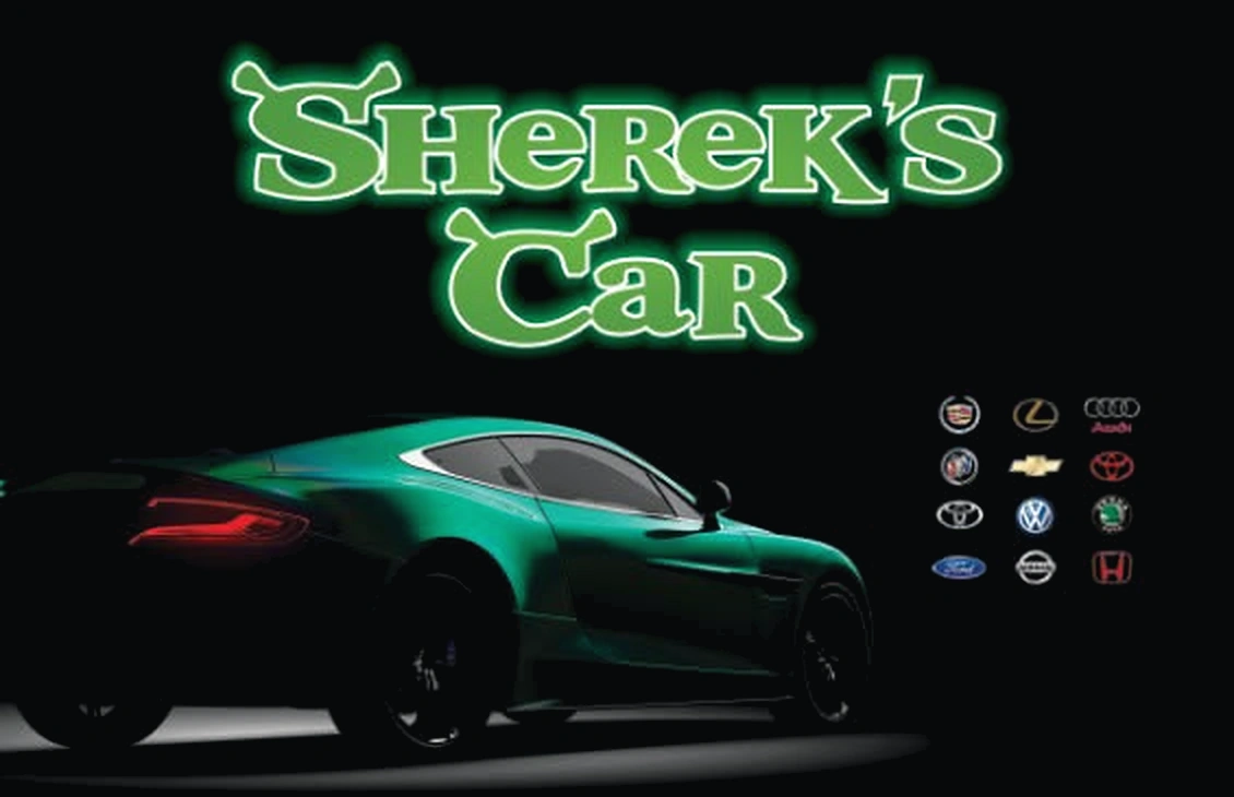 Carro esportivo verde com a marca Sherek's Car e logotipos de montadoras