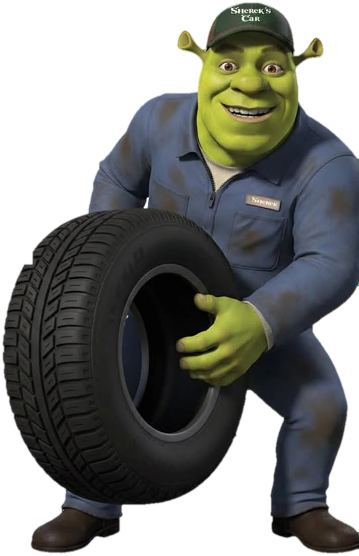 Mascote Shrek da Sherek's Car, de macacão, segurando um pneu
